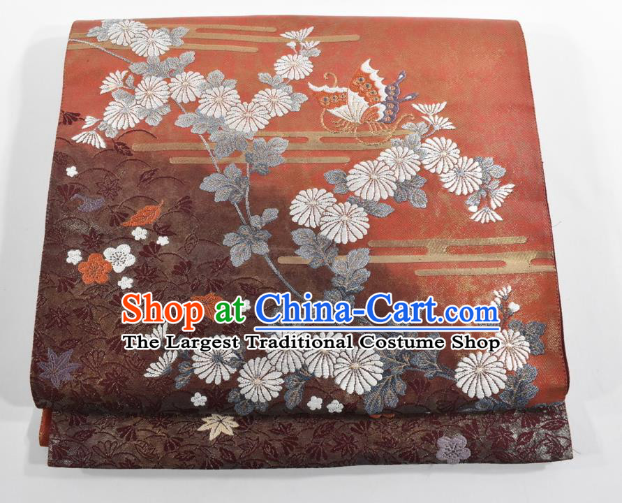 Japanese Handmade Nishijin Red Brocade Waistband Traditional Yukata Robe Girdle Accessories Classical Chrysanthemum Pattern Kimono Belt