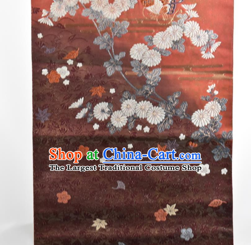 Japanese Handmade Nishijin Red Brocade Waistband Traditional Yukata Robe Girdle Accessories Classical Chrysanthemum Pattern Kimono Belt