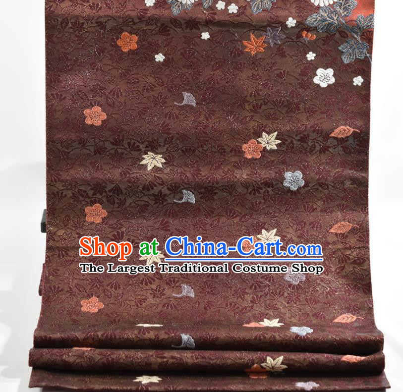 Japanese Handmade Nishijin Red Brocade Waistband Traditional Yukata Robe Girdle Accessories Classical Chrysanthemum Pattern Kimono Belt