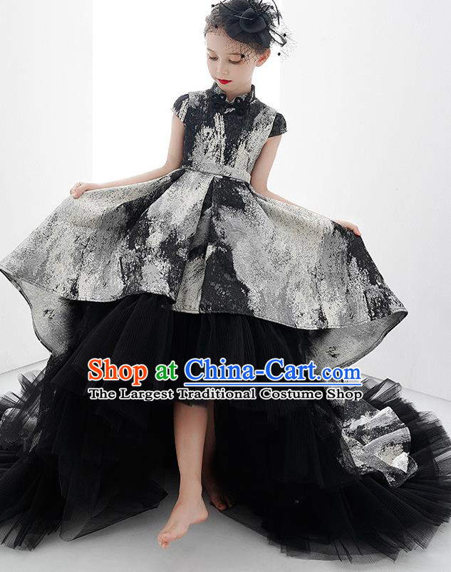 Custom Modern Dance Clothing Girl Catwalks Garment Costumes Stage Show Black Veil Trailing Full Dress Children Princess Fashion