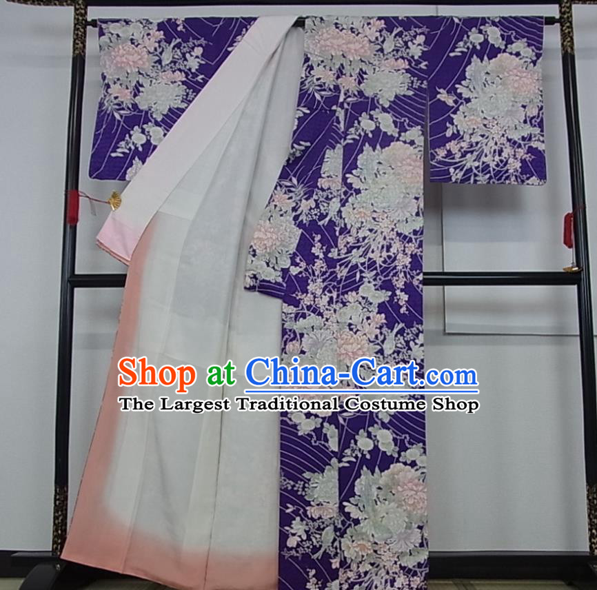 Japanese Classical Peony Pattern Tsukesage Kimono Costume Court Woman Purple Silk Yukata Dress Traditional Festival Clothing