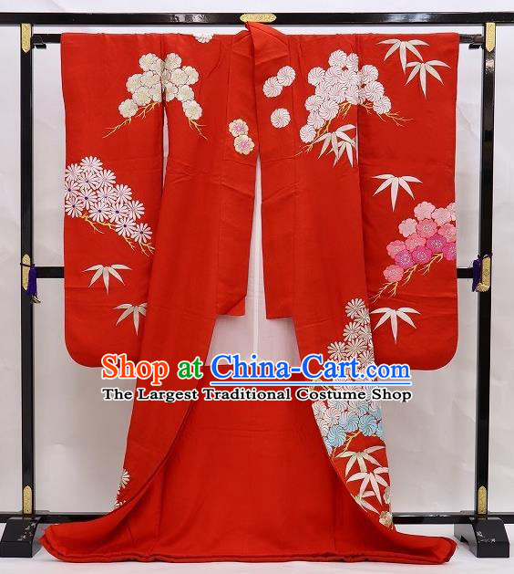 Japanese Traditional Geisha Performance Clothing Classical Chrysanthemum Pattern Furisode Kimono Costume Wedding Bride Red Yukata Dress