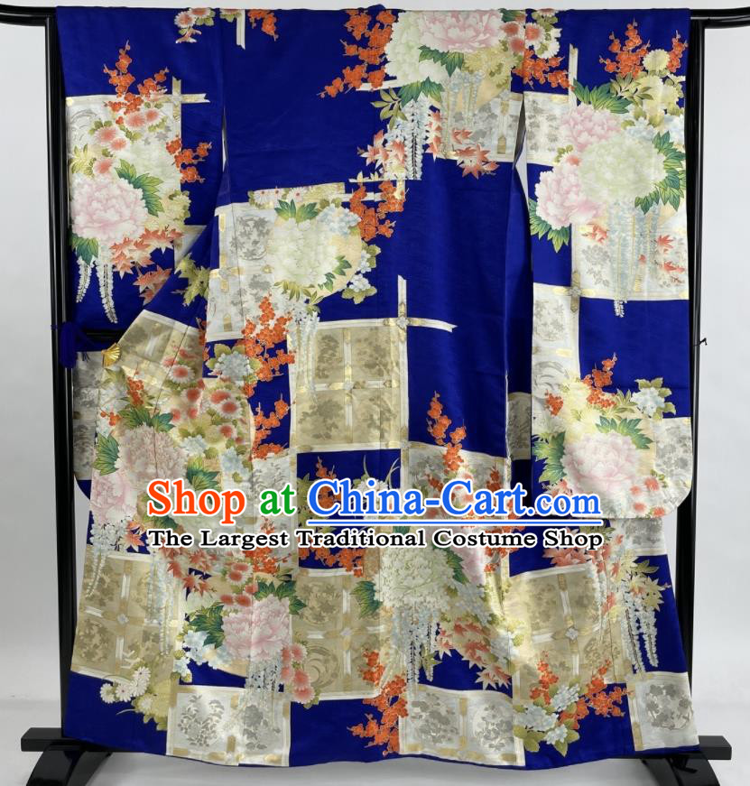Japanese Traditional Festival Clothing Classical Peony Plum Pattern Furisode Kimono Costume Court Woman Royalblue Silk Yukata Dress