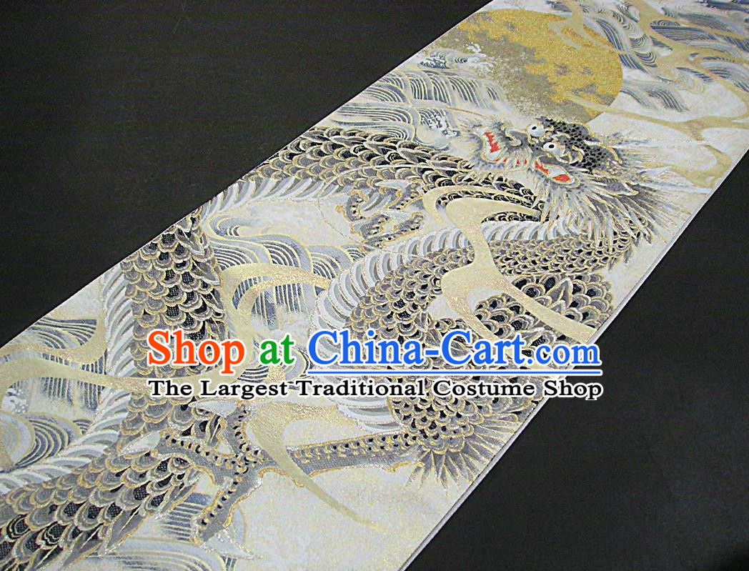 Japanese Handmade Kimono Nishijin Waistband Traditional Yukata Robe Girdle Accessories Classical Dragon Pattern White Brocade Belt