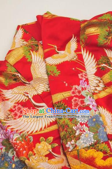 Japanese Traditional Wedding Bride Clothing Classical Cranes Pattern Uchikake Kimono Costume Young Woman Red Silk Yukata Dress