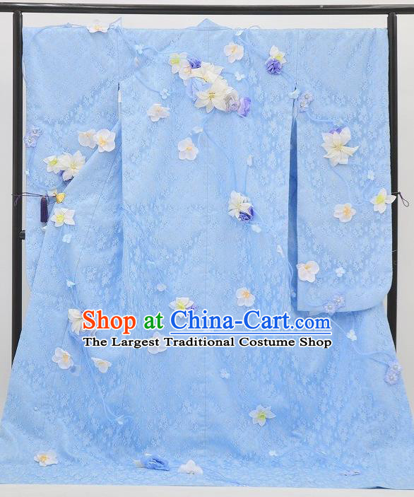 Japanese Court Empress Light Blue Silk Yukata Dress Traditional Wedding Bride Lace Clothing Classical Cranes Pattern Furisode Kimono Costume