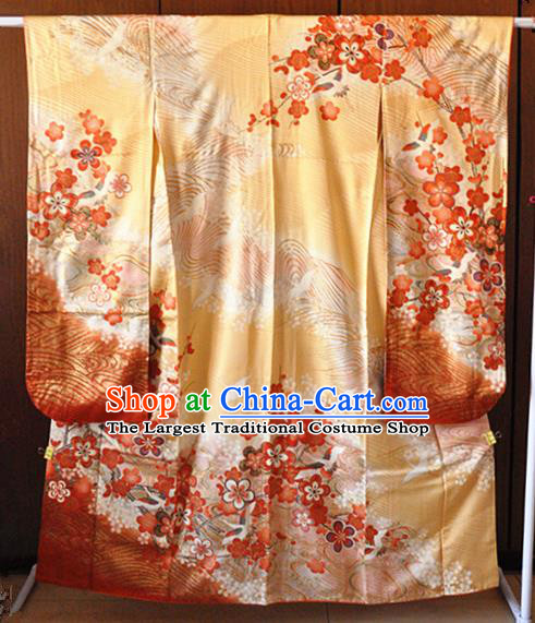 Japanese Classical Embroidered Plum Pattern Furisode Kimono Costume Court Empress Golden Silk Yukata Dress Traditional Wedding Bride Clothing