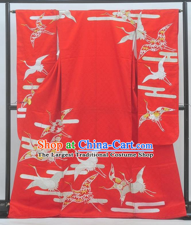 Japanese Traditional Court Princess Uchikake Clothing Classical Cranes Pattern Furisode Kimono Costume Wedding Bride Red Yukata Dress