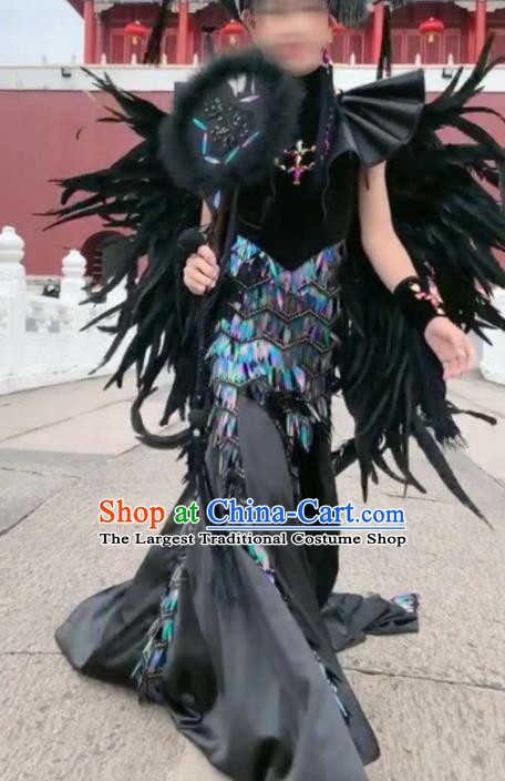 Custom Girl Catwalks Garment Costumes Stage Show Black Feather Fishtail Dress Girl Performance Fashion Modern Dance Formal Clothing