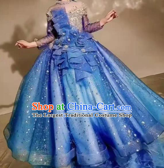 Custom Baroque Princess Fashion Modern Dance Formal Clothing Girl Catwalks Garment Costumes Stage Show Blue Dress