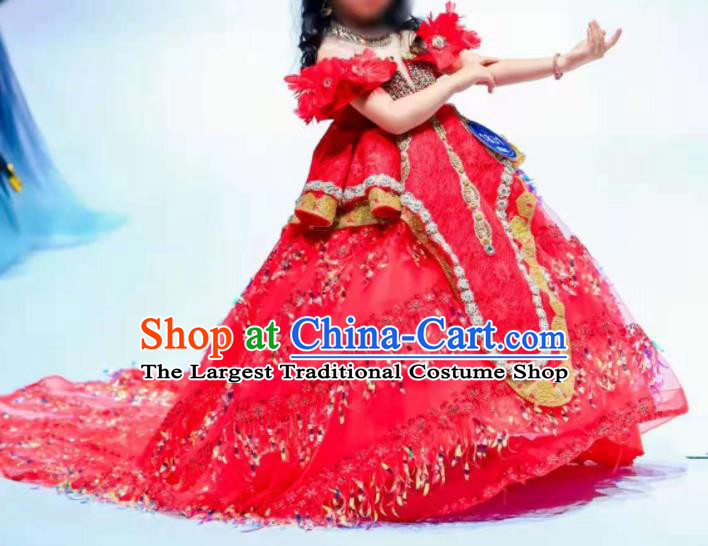 Custom Girl Catwalks Garment Costumes Stage Show Red Trailing Dress Baroque Princess Fashion Piano Recital Formal Clothing