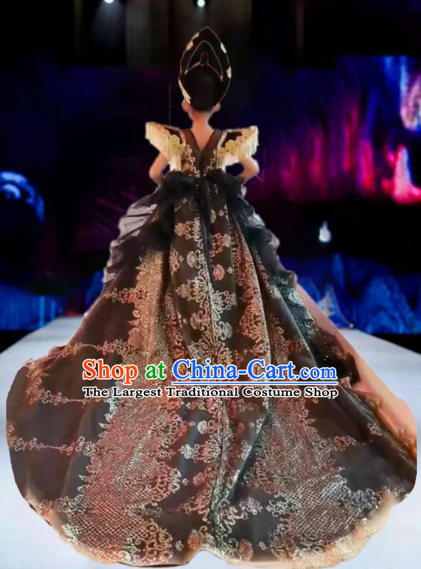 Custom Baroque Queen Fashion Piano Recital Formal Clothing Girl Catwalks Garment Costumes Stage Show Black Trailing Full Dress