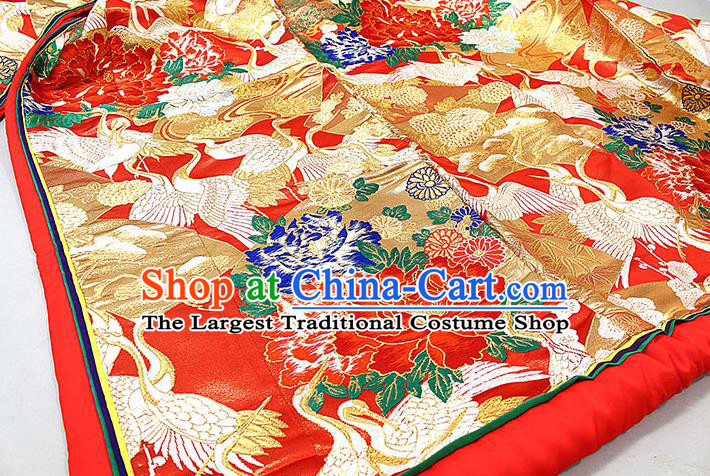 Japanese Classical Peony Cranes Pattern Uchikake Kimono Costume Wedding Bride Red Silk Yukata Dress Traditional Court Empress Embroidered Clothing