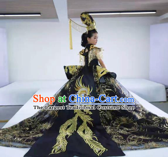 Chinese Stage Performance Fashion Clothing Girl Catwalk Show Black Trailing Full Dress Baby Compere Garment Costume Children Modern Dance Attire