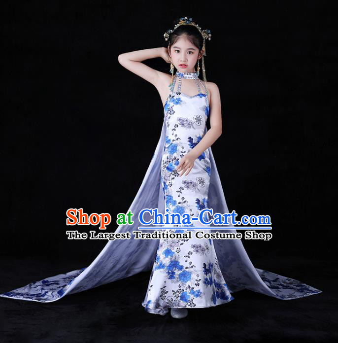 Chinese Children Modern Cheongsam Attire Stage Performance Fashion Clothing Girl Catwalk Show Qipao Dress Baby Compere Garment Costume
