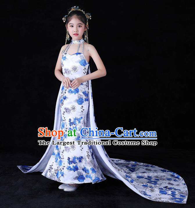 Chinese Children Modern Cheongsam Attire Stage Performance Fashion Clothing Girl Catwalk Show Qipao Dress Baby Compere Garment Costume