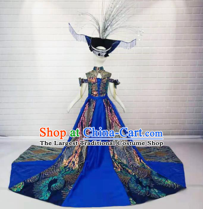 Custom Modern Dance Fashion Baroque Princess Clothing Girl Catwalks Garment Costumes Stage Show Royalblue Trailing Full Dress