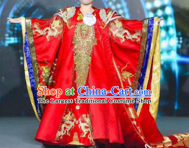 Chinese Girl Catwalk Show Red Trailing Dress Baby Empress Garment Costume Children Model Attire Stage Performance Fashion Clothing