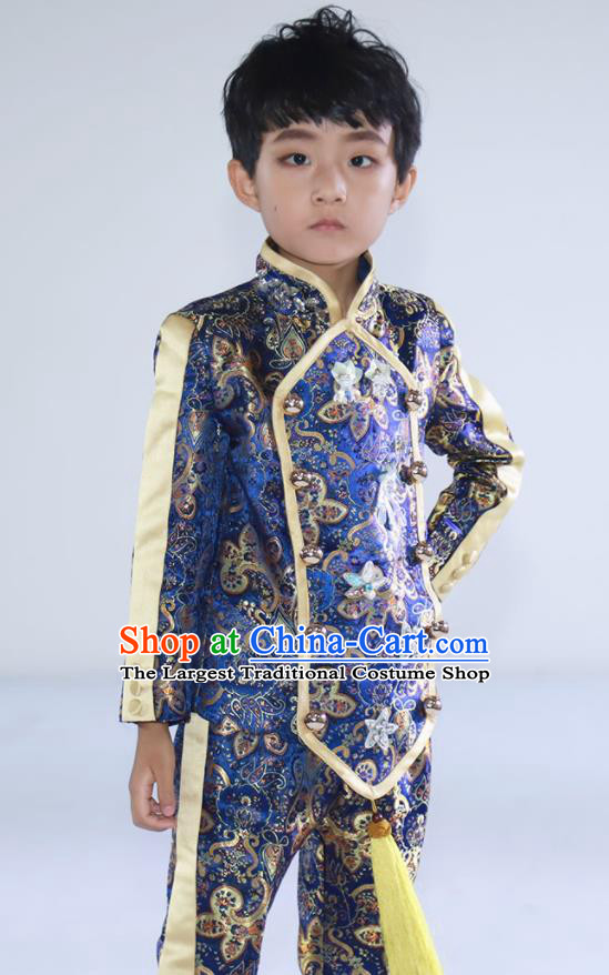 Top Baby Compere Garment Costumes Children Performance Western Clothing Catwalks Fashion Boys Stage Show Blue Brocade Suits