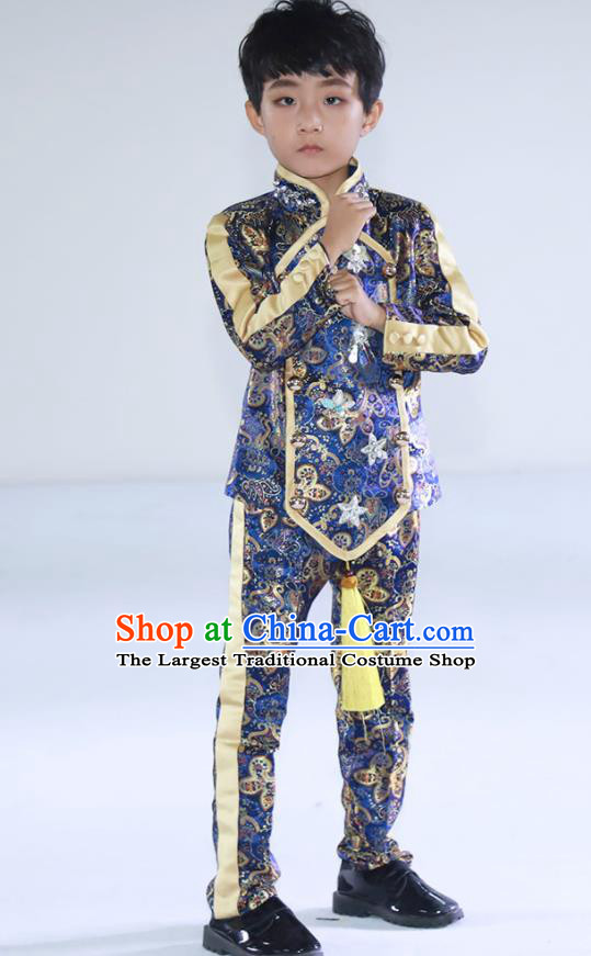 Top Baby Compere Garment Costumes Children Performance Western Clothing Catwalks Fashion Boys Stage Show Blue Brocade Suits