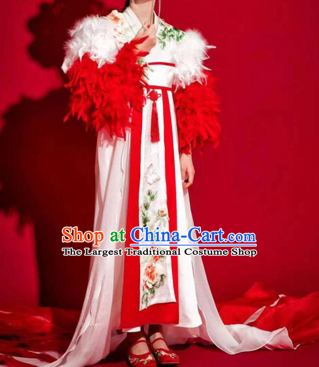 Chinese Empress Garment Costume Children Model Attire Stage Performance Fashion Clothing Girl Catwalk Show White Dress