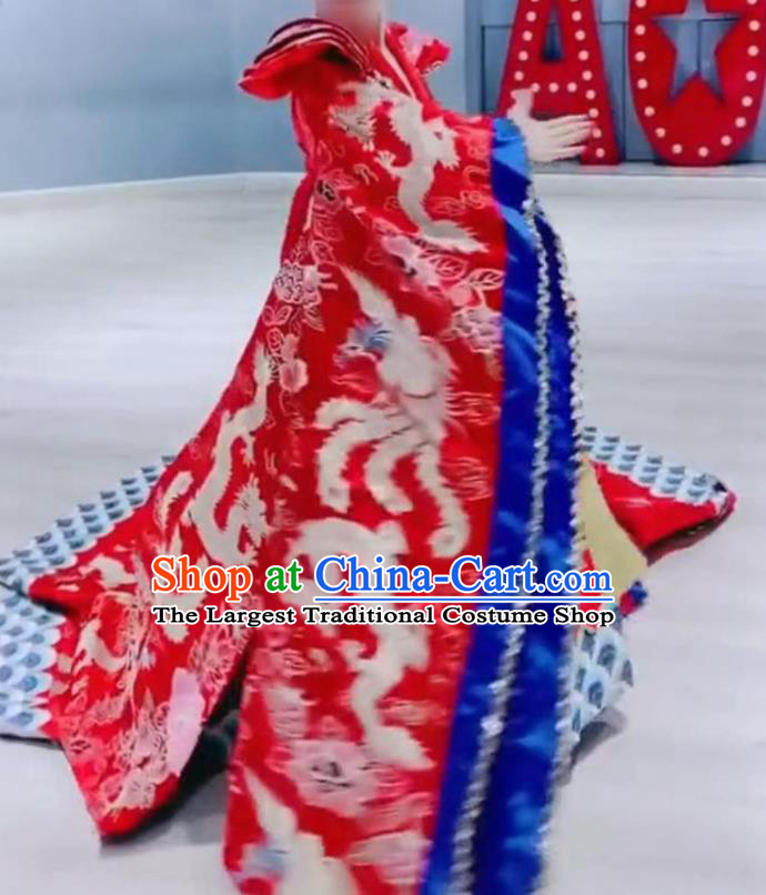 Chinese Girl Catwalk Show Red Brocade Trailing Dress Ancient Empress Garment Costume Children Model Attire Stage Performance Fashion Clothing