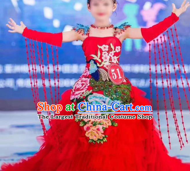 Custom Modern Dance Fashion European Princess Embroidered Clothing Girl Catwalks Garment Costumes Stage Show Red Veil Trailing Full Dress