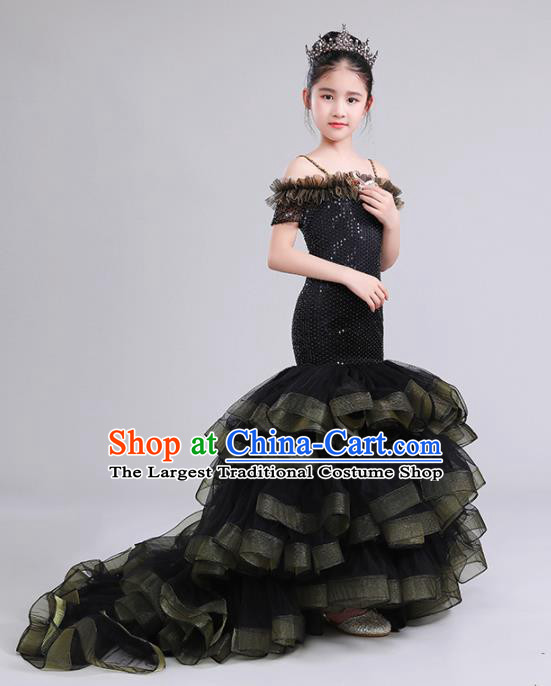 Custom Girl Catwalks Garment Costume Stage Show Black Trailing Full Dress Children Princess Fashion Modern Dance Clothing