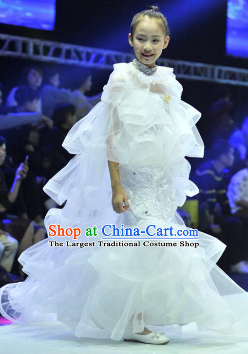 Custom Children Princess Fashion Modern Dance Clothing Girl Catwalks Garment Costume Stage Show White Fishtail Full Dress
