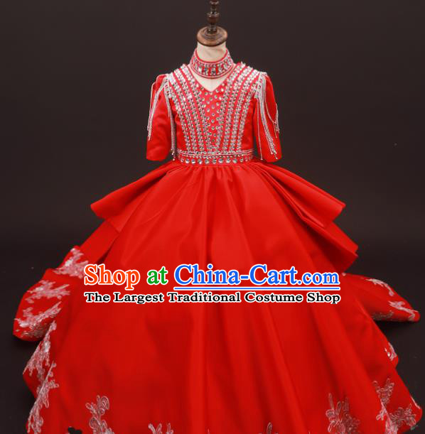 Custom Stage Show Red Full Dress Baroque Princess Fashion Modern Dance Clothing Girl Catwalks Garment Costume