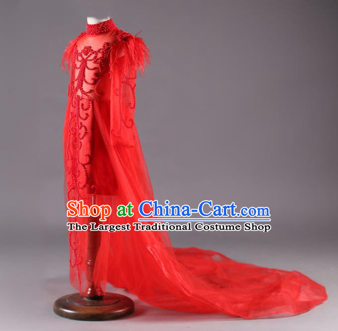 Custom Fairy Princess Fashion Modern Dance Clothing Girl Catwalks Garment Costume Stage Show Red Veil Full Dress