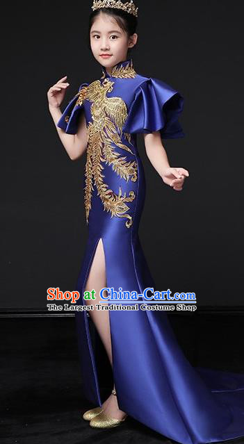 Chinese Classical Dance Garment Costume Children Compere Royalblue Full Dress Stage Show Fashion Girl Catwalk Embroidered Phoenix Clothing
