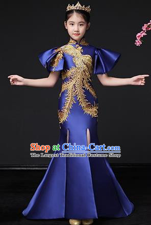 Chinese Classical Dance Garment Costume Children Compere Royalblue Full Dress Stage Show Fashion Girl Catwalk Embroidered Phoenix Clothing