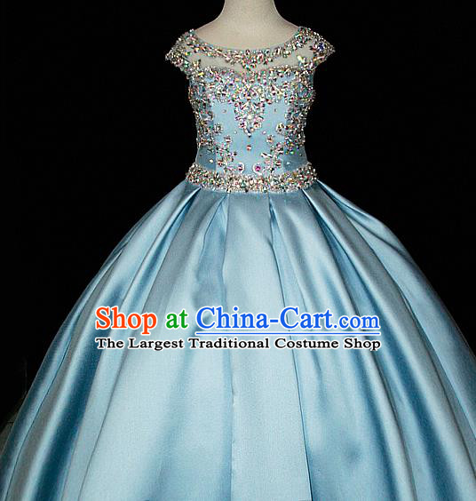 Custom Piano Recital Clothing Girl Catwalks Garment Costume Stage Show Blue Satin Full Dress Fairy Princess Fashion