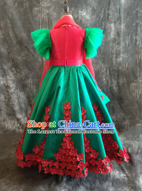 Chinese Girl Catwalk Embroidered Phoenix Clothing Classical Dance Garment Costume Children Compere Green Full Dress Stage Show Fashion
