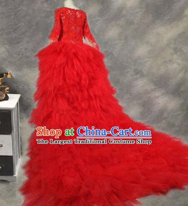 Custom Christmas Performance Red Veil Trailing Full Dress Baroque Princess Fashion Piano Recital Clothing Children Catwalks Garment Costume