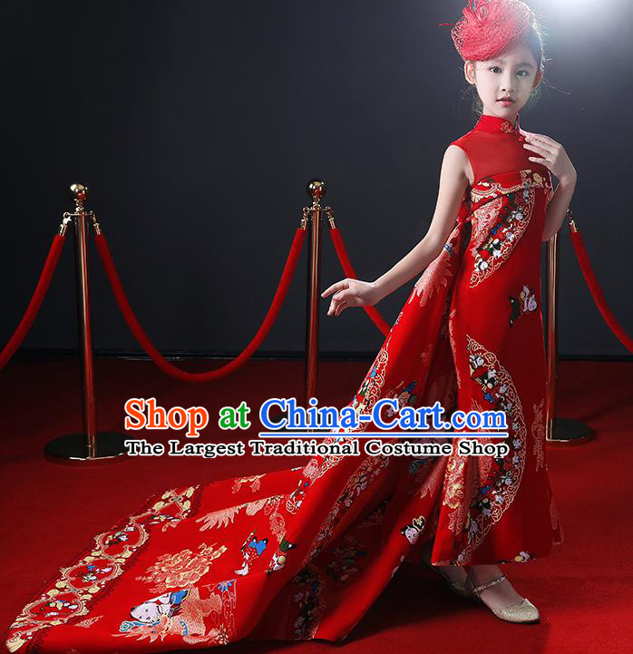 Chinese Stage Show Fashion Girl Catwalk Clothing Classical Dance Garment Costume Children Compere Red Trailing Full Dress