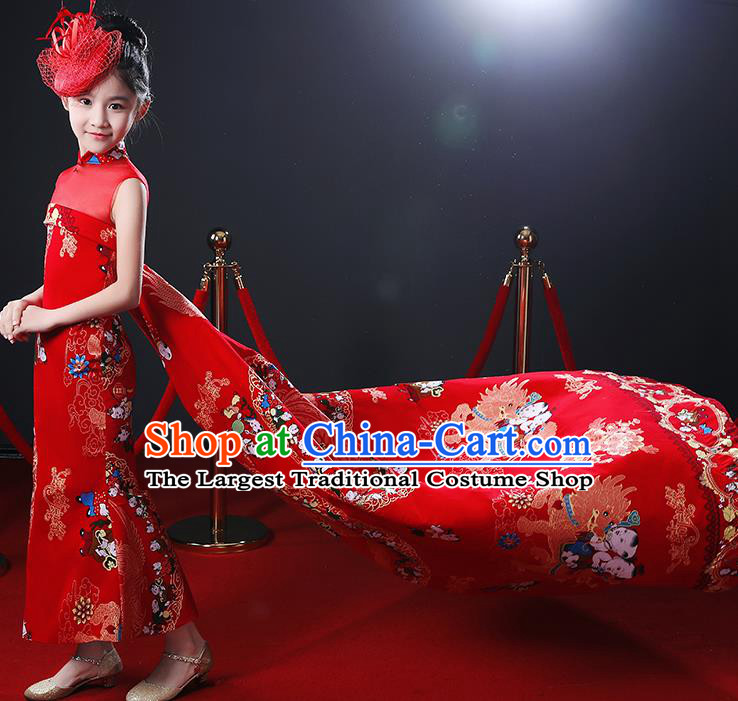 Chinese Stage Show Fashion Girl Catwalk Clothing Classical Dance Garment Costume Children Compere Red Trailing Full Dress