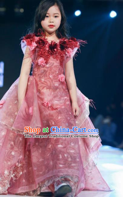 Custom Children Catwalks Garment Costume Christmas Performance Pink Fishtail Full Dress Fairy Princess Fashion Piano Recital Clothing