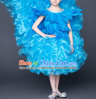 Custom Piano Recital Clothing Children Catwalks Garment Costume Christmas Performance Blue Trailing Full Dress Fairy Princess Feather Fashion