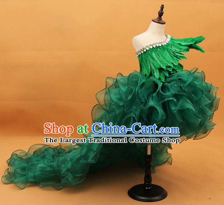 Custom Girl Princess Feather Fashion Piano Recital Clothing Children Catwalks Garment Costume Christmas Performance Green Trailing Full Dress
