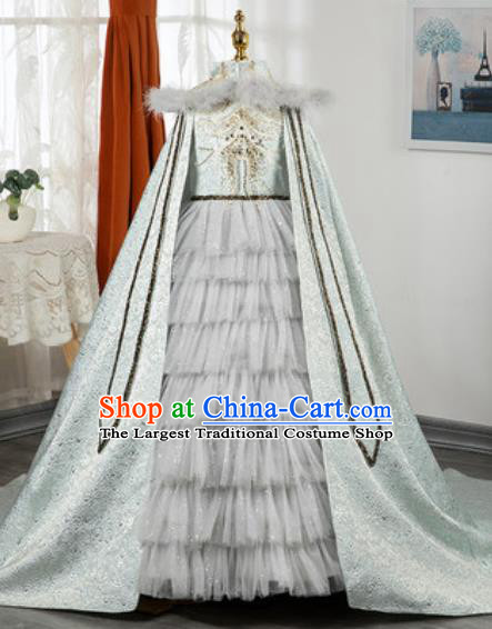 Custom European Princess Grey Veil Full Dress Girl Piano Recital Fashion Modern Dance Clothing Children Catwalks Garment Costume