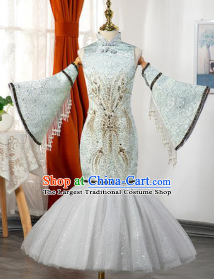 Chinese Classical Dance Garment Costume Children Compere Grey Lace Fishtail Dress Stage Show Fashion Girl Catwalk Clothing