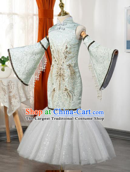 Chinese Classical Dance Garment Costume Children Compere Grey Lace Fishtail Dress Stage Show Fashion Girl Catwalk Clothing