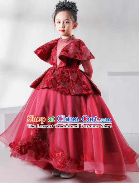 Custom Children Catwalks Garment Costume European Princess Wine Red Full Dress Girl Piano Recital Fashion Modern Dance Clothing
