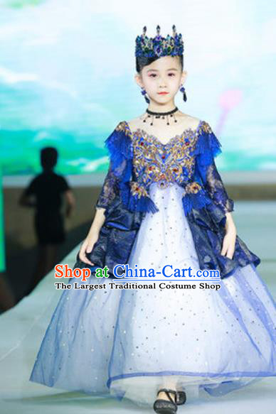 Custom Modern Dance Clothing Children Catwalks Garment Costume Baroque Princess Blue Full Dress Girl Piano Recital Fashion