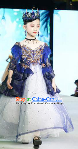 Custom Modern Dance Clothing Children Catwalks Garment Costume Baroque Princess Blue Full Dress Girl Piano Recital Fashion