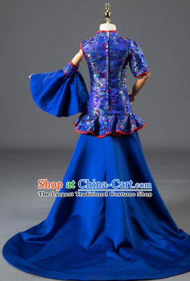 Chinese Girl Catwalk Clothing Classical Dance Garment Costume Children Compere Royalblue Trailing Full Dress Stage Show Fashion