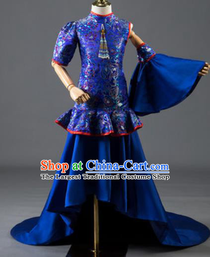 Chinese Girl Catwalk Clothing Classical Dance Garment Costume Children Compere Royalblue Trailing Full Dress Stage Show Fashion