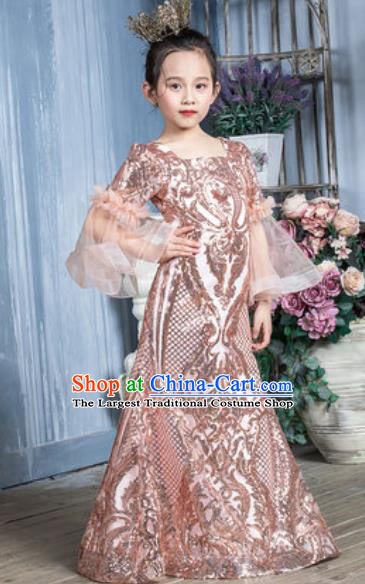 Custom Children Catwalks Garment Costume Baroque Princess Pink Trailing Full Dress Girl Piano Recital Fashion Modern Dance Clothing